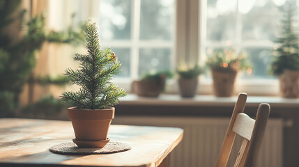 Scandinavianstyle home interior, wooden furniture, tiny Christmas tree in clay pot, cozy atmosphere, Canon EOS R5, bright and airy