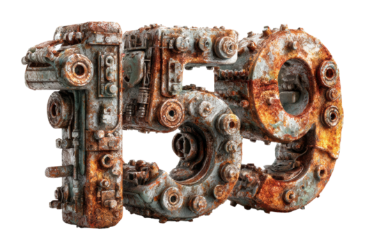 Rusty industrial 159 number sculpture in urban environment isolated on transparent background