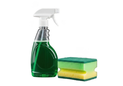 Cleaning spray bottle with green liquid and cleaning sponge on black