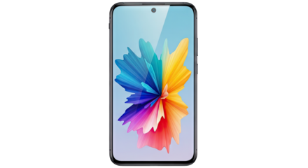 Modern smartphone displaying vibrant abstract explosion of colorful geometric shapes and sharp edges on a light blue gradient screen with a subtle dot detail at the top on a transparent background