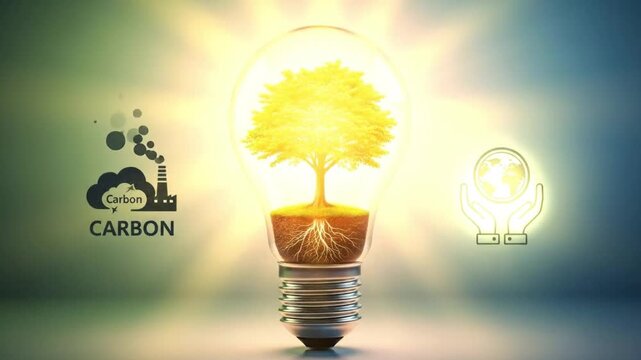 A glowing lightbulb with a tree inside symbolizing environmental sustainability and carbon reduction