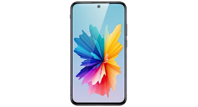 Modern smartphone displaying vibrant abstract explosion of colorful geometric shapes and sharp edges on a light blue gradient screen with a subtle dot detail at the top on a transparent background - Powered by Adobe