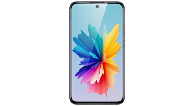 Modern smartphone displaying vibrant abstract explosion of colorful geometric shapes and sharp edges on a light blue gradient screen with a subtle dot detail at the top on a transparent background - Powered by Adobe