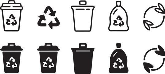Black and white line icons showcase waste recycle symbols and containers on a clear background