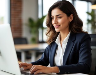 Businesswoman smiling and working on a laptop in the office.