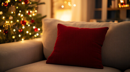 Simple Christmas corner, neutral sofa with red throw pillow and fairy lights, cozy home mood, Nikon photo realism