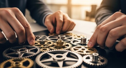 Two hands assembling gears on a table. The mechanical engineering concept of teamwork and problem-solving.