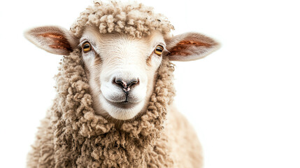 Fototapeta premium Sheep smiling with curly wool, white background