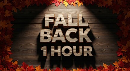 Embrace the cozy autumn change with "Fall Back 1 Hour" notification surrounded by vibrant leaf borders on a rustic wooden backdrop