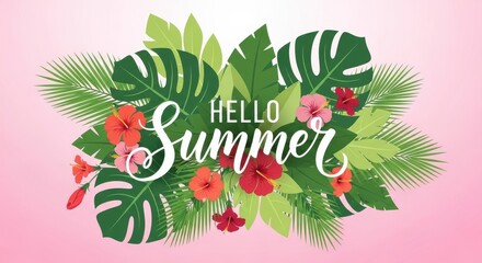 Hello summer text with tropical leaves and hibiscus flowers on a pink gradient background, perfect for summer greetings and promotions