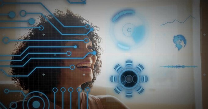 Woman on couch smiling while HUD emerging prompts head turning, showcasing tech dials and waveform