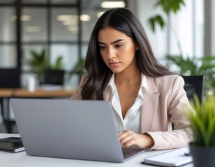 A focused businesswoman works on a laptop. A serious professional