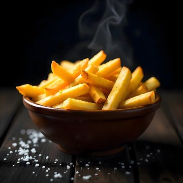 A Dark Wooden Bowl is Overflowing with Golden French Fries, Sprinkled with Coarse Salt 