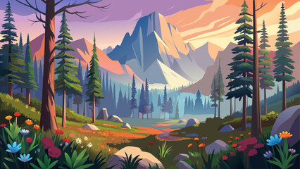 Very beautiful morning view of pine forests and wildflowers in Yosemite National Park, California, USA, featuring colorful alpine flora, towering trees, and soft haze from Ferguson Fire smoke over the