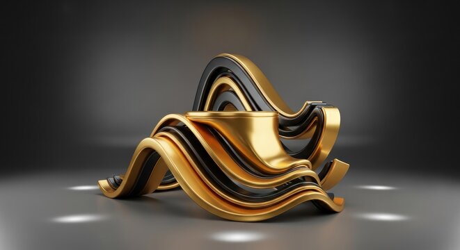 A golden and black abstract sculpture on a dark background with white highlights.