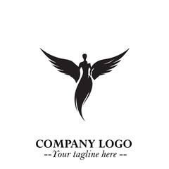 Elegant Black Angel Woman Silhouette Logo Symbol on White Background