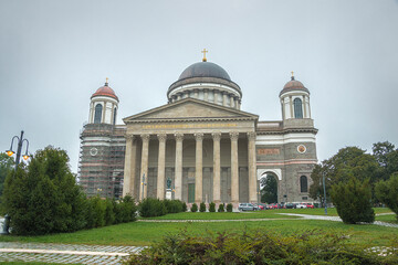 Primatial Basilica of the Assumption of the Blessed Virgin Mary and St. Adalbert in Esztergom, Hungary. A 19th century building in the Classicist style. The front of the church.