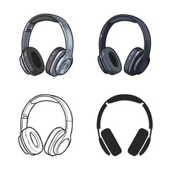 Collection of four distinct headphone illustrations in a four-panel layout, showcasing various designs and styles