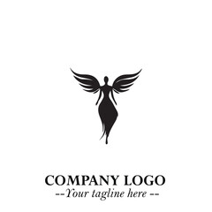 Elegant Black Angel Woman Silhouette Logo Symbol on White Background