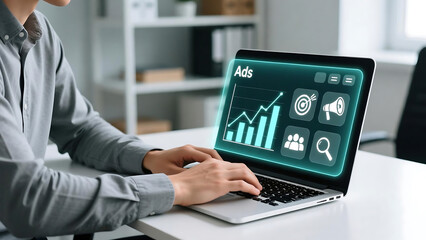 Ads management digital marketing strategy online advertising campaign performance analysis laptop screen