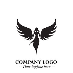 Elegant Black Angel Woman Silhouette Logo Symbol on White Background