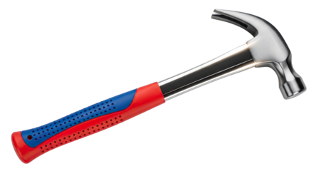 A Silver Claw Hammer with Red and Blue Grip Isolated on a Transparent Background Showing a Metallic Tool for Construction and DIY Projects