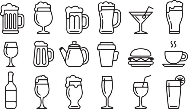Black outline icons feature assorted drinks, a teapot, hamburger, and coffee cup on white