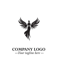 Elegant Black Angel Woman Silhouette Logo Symbol on White Background