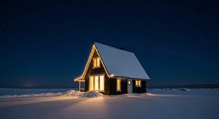 Cozy snow-covered cabin glows warmly under a breathtaking starry night sky, inviting a peaceful winter retreat
