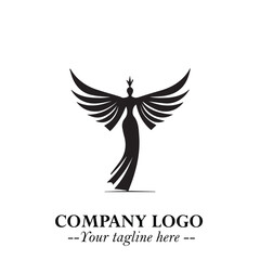 Elegant Black Angel Woman Silhouette Logo Symbol on White Background