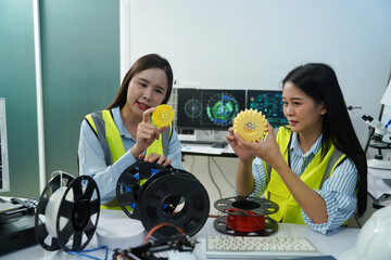 Technicians work with a 3D printer to print a clear white plastic model using cutting-edge technology, focusing on specific points, in a lab.