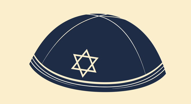 A dark blue yarmulke with white stitching featuring a white Star of David emblem on its front surface.