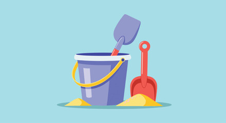 A blue bucket with yellow handle and two colorful spades stand on a sandy beach next to a few piles of sand on a light blue background.