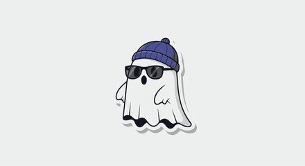 A cartoon ghost wearing a blue beanie and sunglasses with a white background.