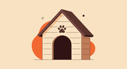 A cozy and safe wooden dog house with a paw print emblem on its front providing shelter and comfort for pets outdoors.