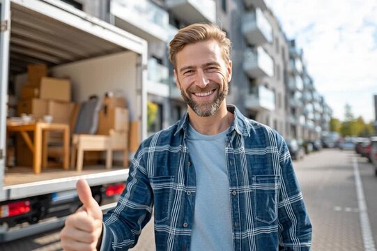 Moving Day Celebration: A man with a cheerful disposition stands proudly by his moving truck on a sunny day, showcasing a sense of accomplishment and fresh start in a new place.