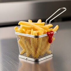 Photorealistic Golden French Fries are Neatly Stacked in a Small Metal Mesh Frying Basket on a Stainless Steel Surface
