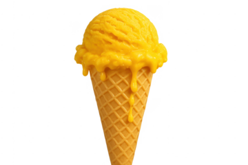 Mango ice cream melting in wafer cone