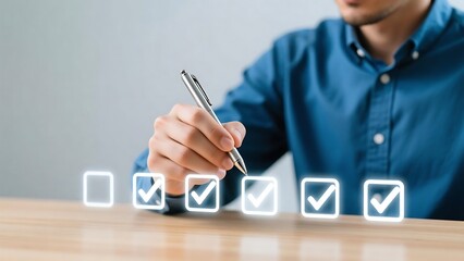 Checklist task management concept man checking boxes with pen business survey form to do list planning