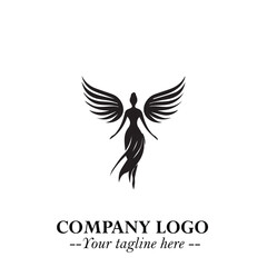 Elegant Black Angel Woman Silhouette Logo Symbol on White Background
