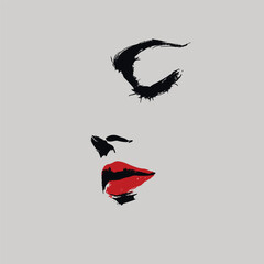 Expressive abstract face illustration with bold red lips and brushstroke eyes, ideal for beauty branding, fashion design, posters, and modern editorial artwork