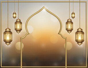 Sunset Islamic background with gold lanterns and elegant arch frame