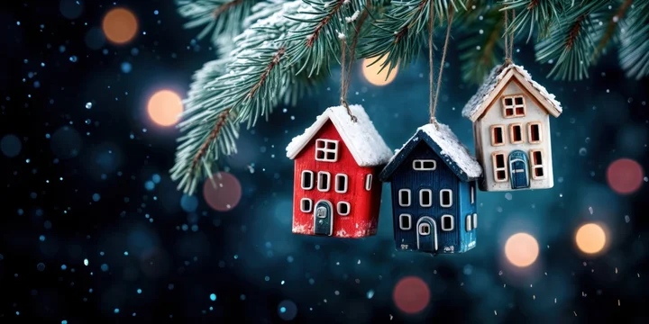Frosted Pine Branch Displaying Colorful Holiday House Ornaments