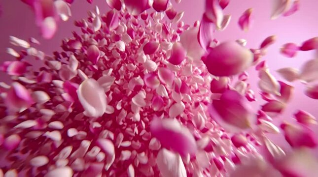 A swirling vortex of pink and white rose petals in motion, creating a soft and dreamy abstract floral scene.