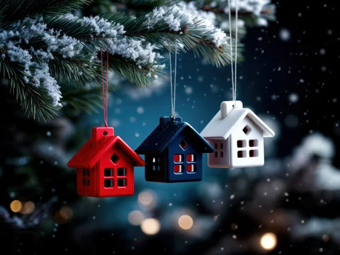 Winter Pine Branch with Bright Holiday House Decorations