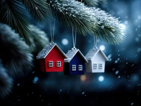 Red Blue and White House Ornaments on Winter Pine Branch