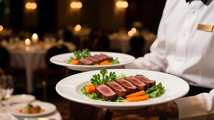 Delicious medium rare steak dinner served by waiter in restaurant fine dining experience gourmet food shot
