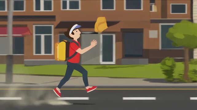 Animated delivery person running fast on sidewalk with yellow backpack and package in hand urban street scene cartoon style energetic motion
