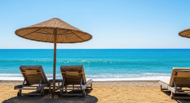 Two empty lounge chairs and a straw umbrella on a sandy beach facing the turquoise ocean under a clear blue sky, ideal for vacation and resort advertising - Powered by Adobe
