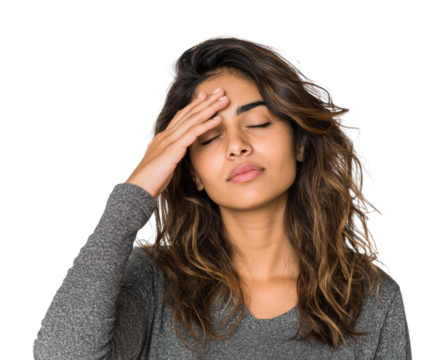 Feeling overwhelmed young woman in gray sweater environment isolated on transparent background - Powered by Adobe